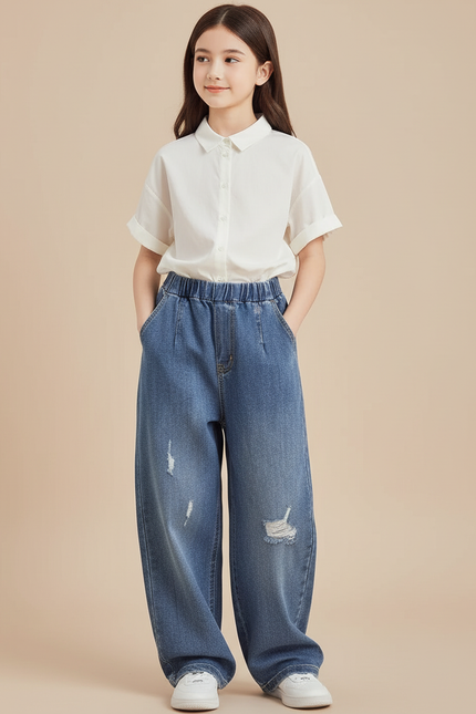 Pantalon Baggy Jean Bleu Ample Déchiré Enfant