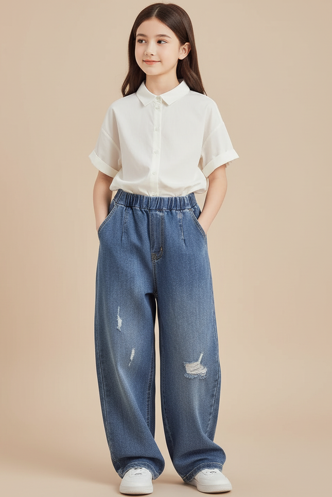Pantalon Baggy Jean Bleu Ample Déchiré Enfant
