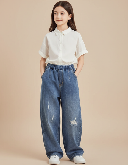 Pantalon Baggy Jean Bleu Ample Déchiré Enfant