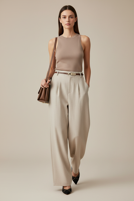 Pantalon Baggy Beige Laine Plissé Ample Femme