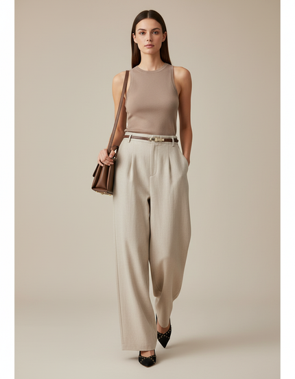 Pantalon Baggy Beige Laine Plissé Ample Femme