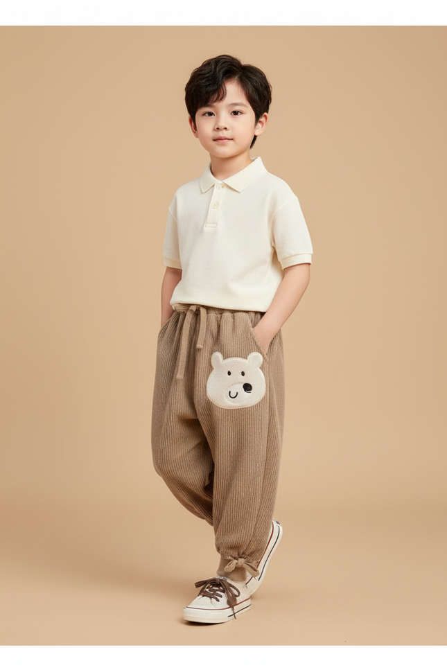 Pantalon Baggy Velours Côtelé Marron Ours Mignon Enfant - Cordé