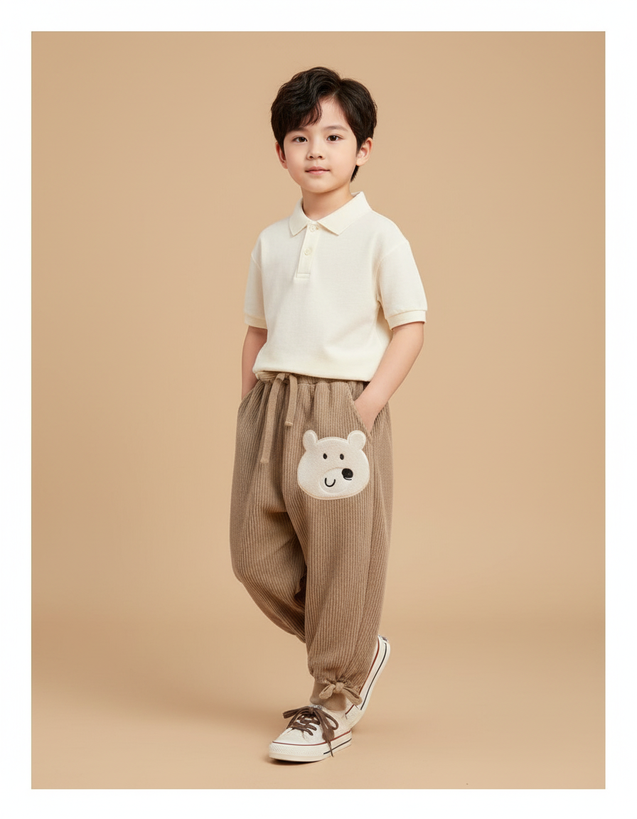 Pantalon Baggy Velours Côtelé Marron Ours Mignon Enfant - Cordé
