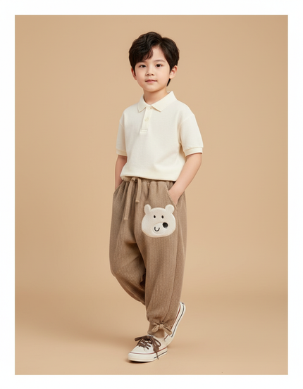 Pantalon Baggy Velours Côtelé Marron Ours Mignon Enfant - Cordé
