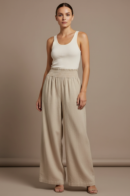 Pantalon Baggy Beige Lin Fluide Taille Haute Élégant