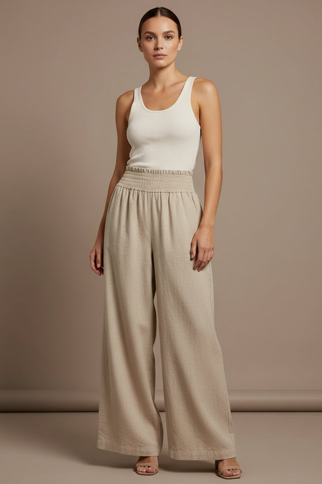 Pantalon Baggy Beige Lin Fluide Taille Haute Élégant