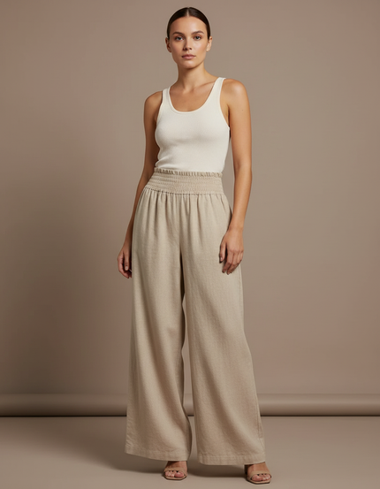 Pantalon Baggy Beige Lin Fluide Taille Haute Élégant