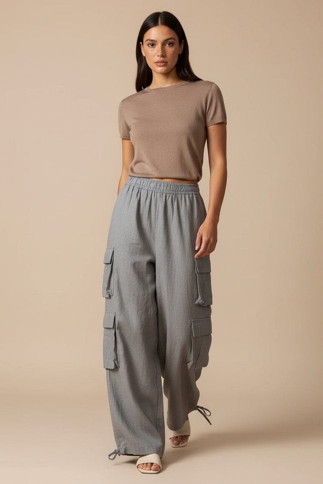 Pantalon Baggy Gris Cargo Ample Fluide Femme - Lin
