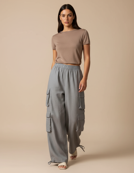 Pantalon Baggy Gris Cargo Ample Fluide Femme - Lin