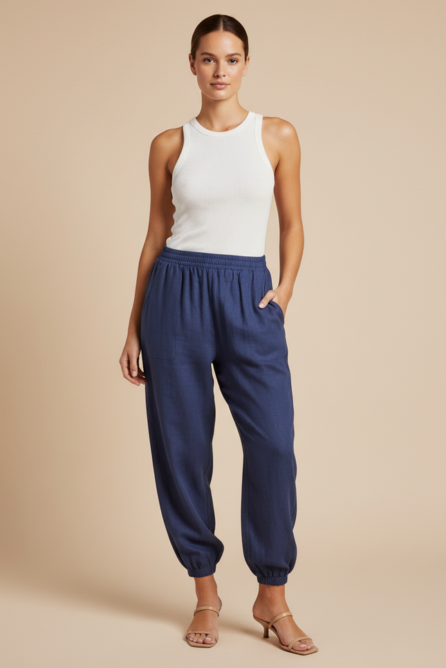 Pantalon Baggy Bleu Marine Lin Ample Confortable Femme