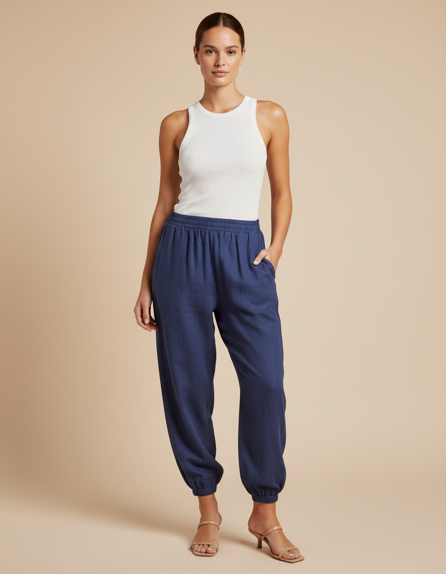 Pantalon Baggy Bleu Marine Lin Ample Confortable Femme