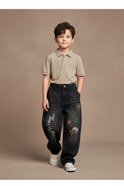 Pantalon Baggy Noir Ample Graffiti Dessins Enfant - Jean