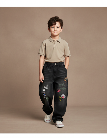 Pantalon Baggy Noir Ample Graffiti Dessins Enfant - Jean