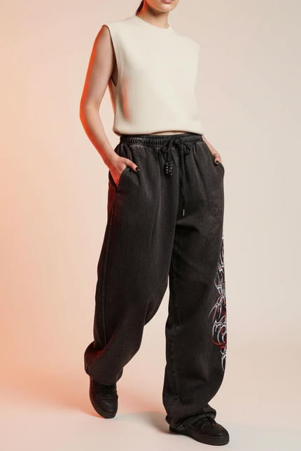 Pantalon Baggy Noir Ample Délavé Gothique Imprimé - Jean