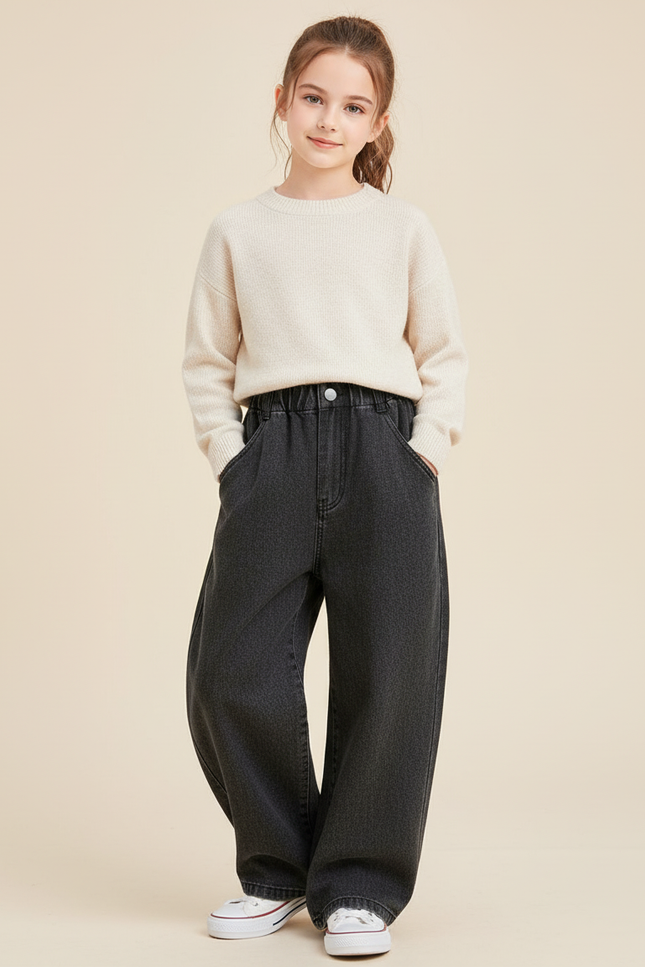 Pantalon Baggy Gris Denim Ample Décontracté Fille - Jean