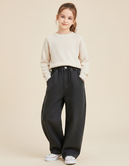 Pantalon Baggy Gris Denim Ample Décontracté Fille - Jean