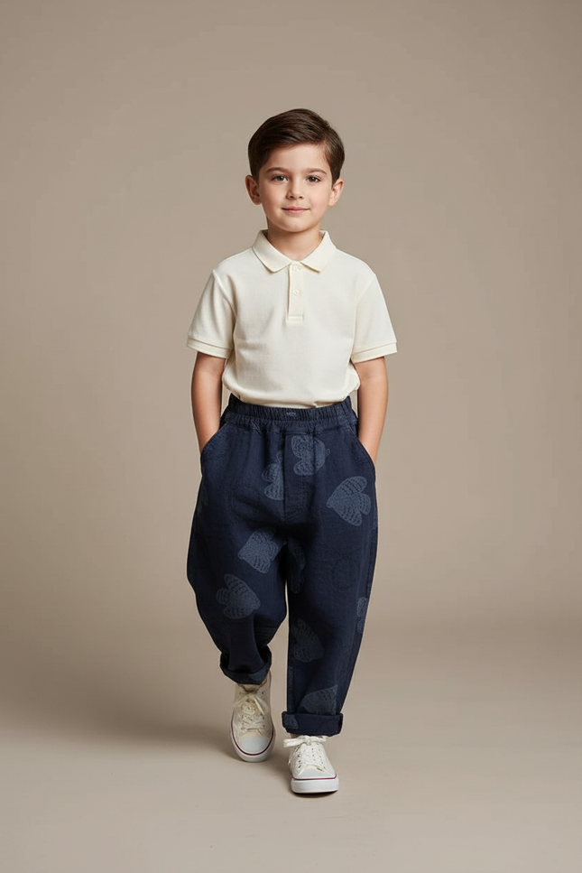 Pantalon Baggy Bleu Marine Ample Coton Motifs Cœurs Enfant