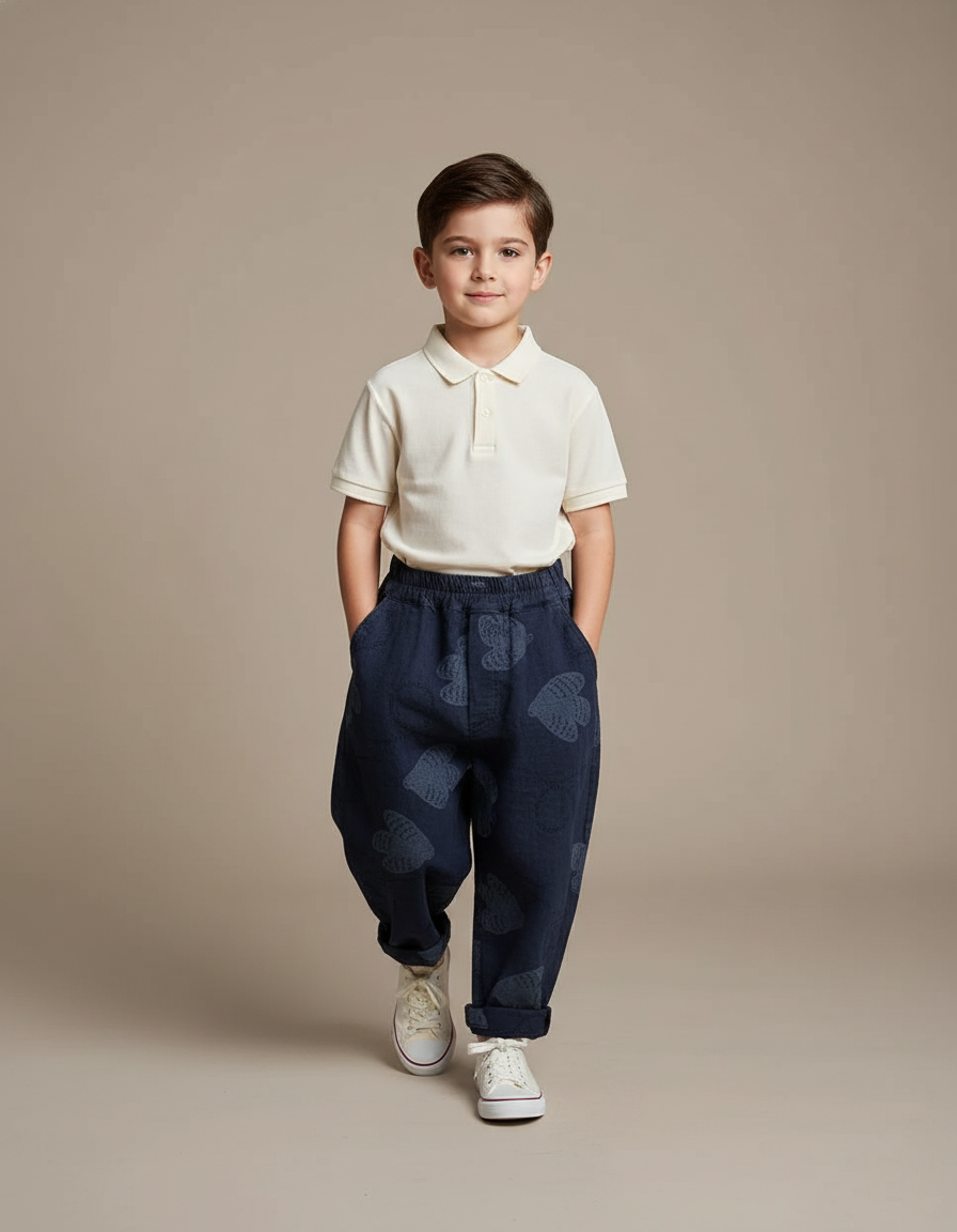 Pantalon Baggy Bleu Marine Ample Coton Motifs Cœurs Enfant