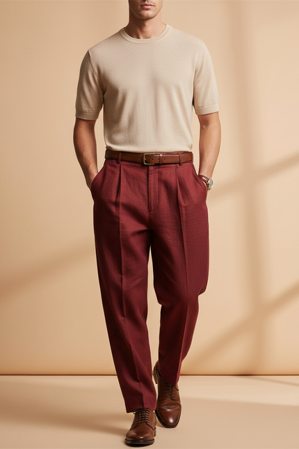 Pantalon Baggy Rouge Brique Ample Plissé Décontracté Homme - Bordeaux Laine