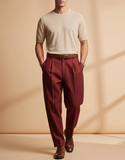 Pantalon Baggy Rouge Brique Ample Plissé Décontracté Homme - Bordeaux Laine