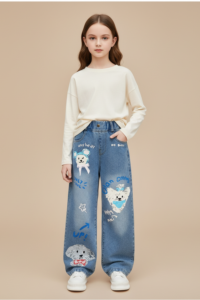 Pantalon Baggy Denim Bleu Ample Imprimé Chiens Mignons - Jean