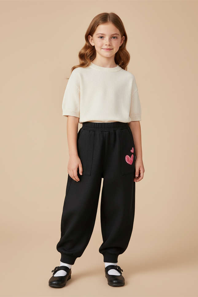Pantalon Baggy Noir Cœurs Roses Ample Enfant - Molleton