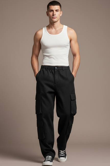 Pantalon Baggy Noir Cargo Ample Coton Homme