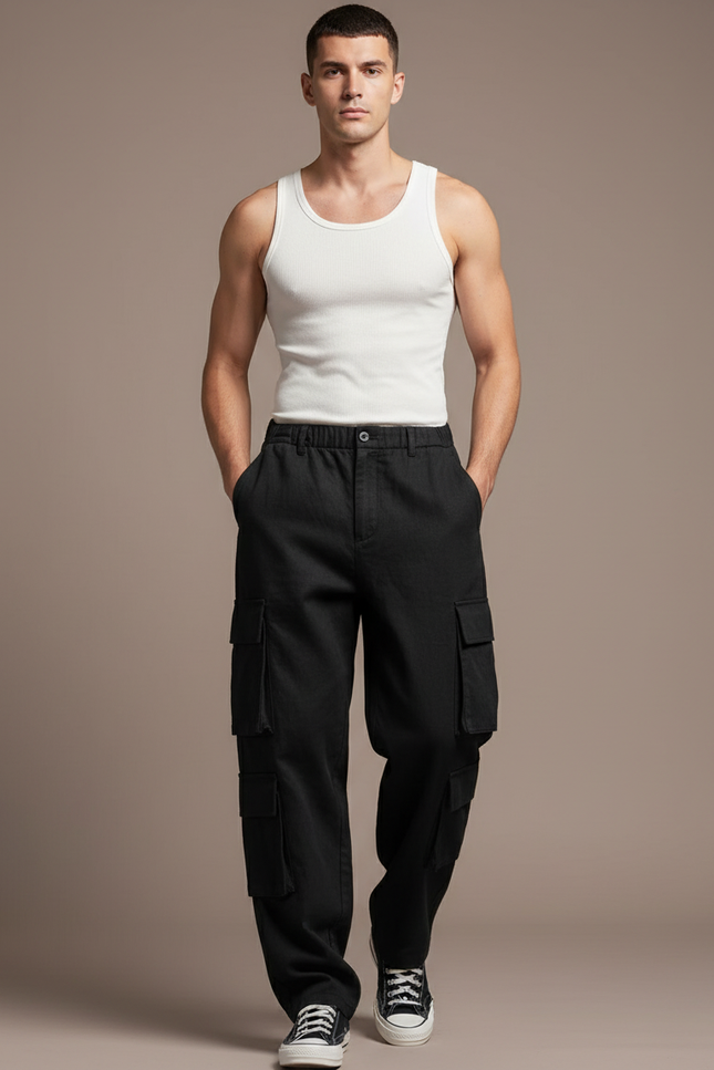 Pantalon Baggy Noir Cargo Ample Coton Homme