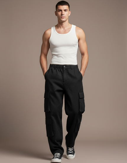 Pantalon Baggy Noir Cargo Ample Coton Homme
