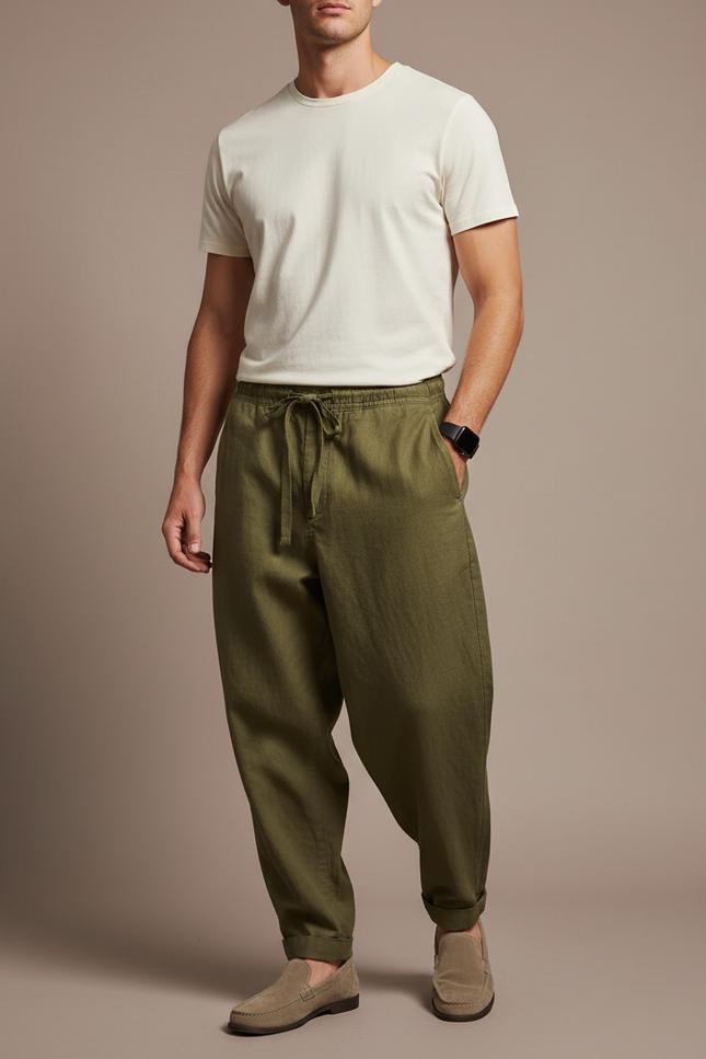 Pantalon Baggy Vert Kaki Lin Ample Décontracté Homme