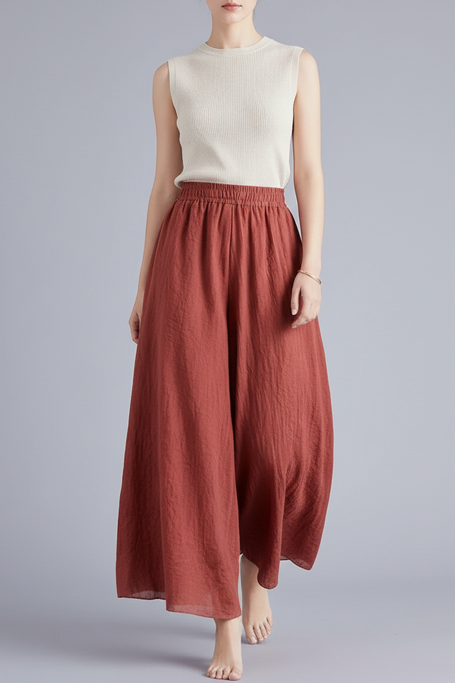 Pantalon Baggy Lin Coton Ample Fluide Marron