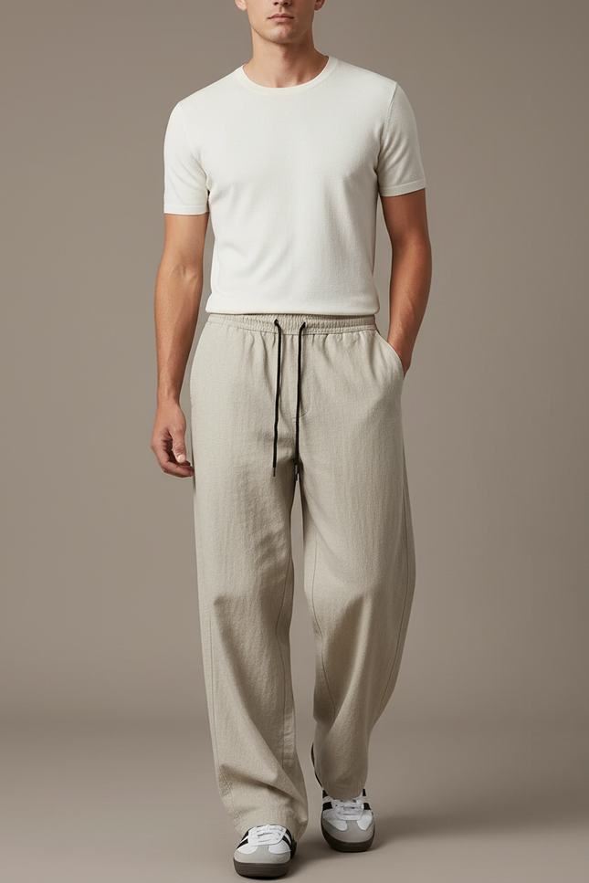 Pantalon Baggy Beige Lin Ample Décontracté Cordon Homme