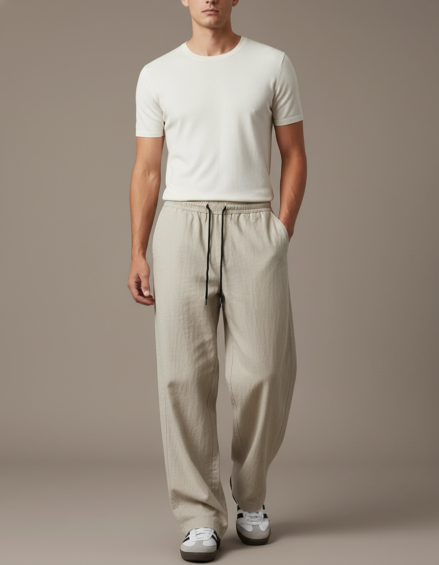 Pantalon Baggy Beige Lin Ample Décontracté Cordon Homme