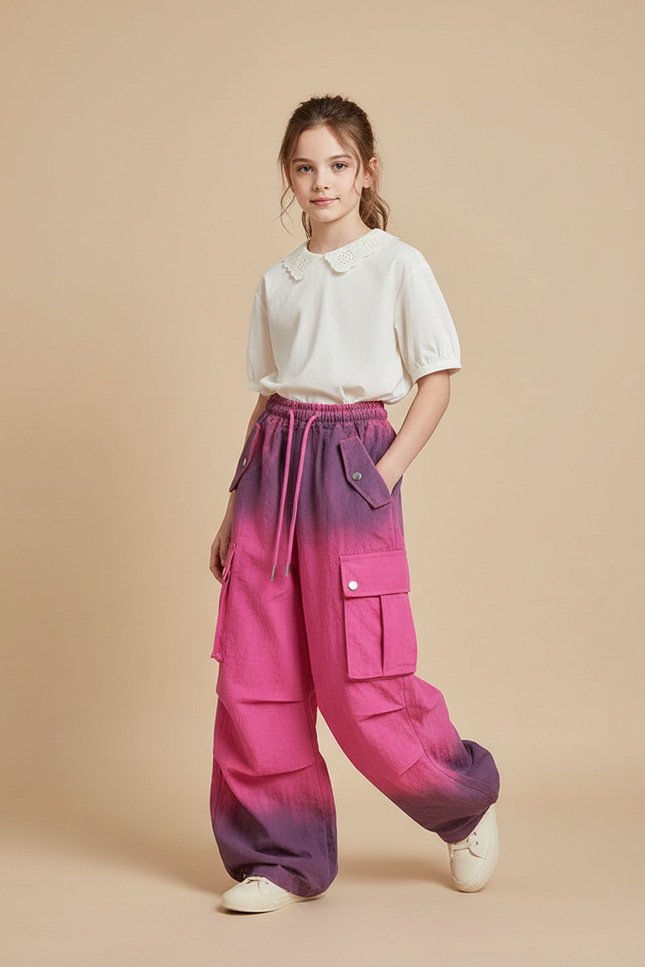Pantalon Baggy Dégradé Rose Violet Cargo Ample Fille - Multicolore Coton
