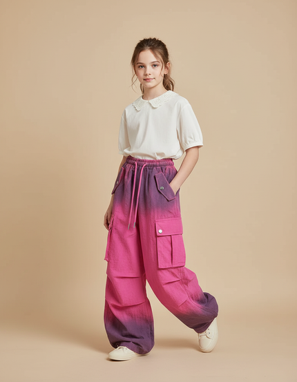 Pantalon Baggy Dégradé Rose Violet Cargo Ample Fille - Multicolore Coton