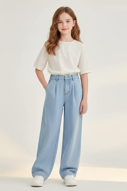 Pantalon Baggy Jean Bleu Clair Plissé Ample Fille