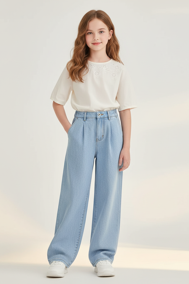 Pantalon Baggy Jean Bleu Clair Plissé Ample Fille