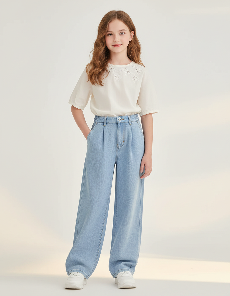 Pantalon Baggy Jean Bleu Clair Plissé Ample Fille