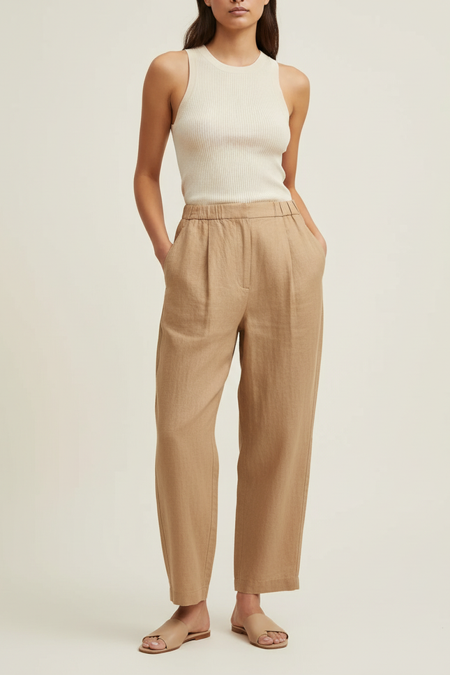 Pantalon Baggy Beige Lin Ample Taille Élastique Femme