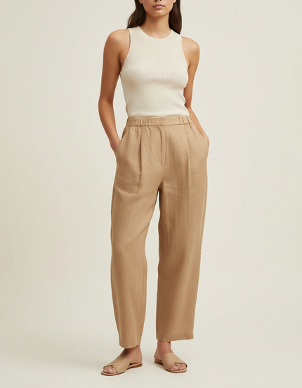 Pantalon Baggy Beige Lin Ample Taille Élastique Femme