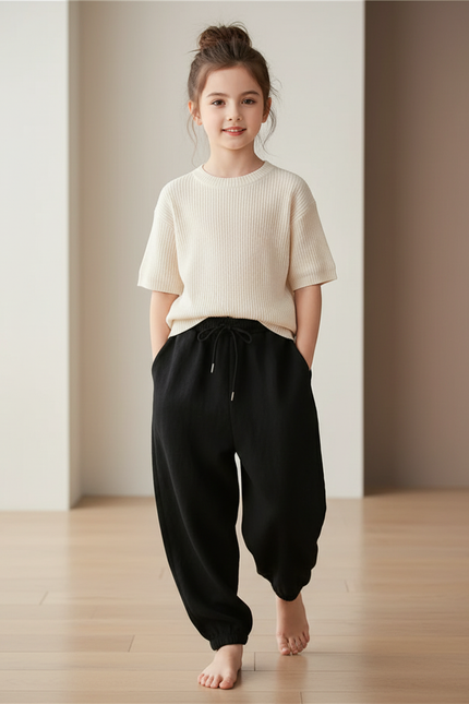 Pantalon Baggy Noir Ample Lin Décontracté Enfant