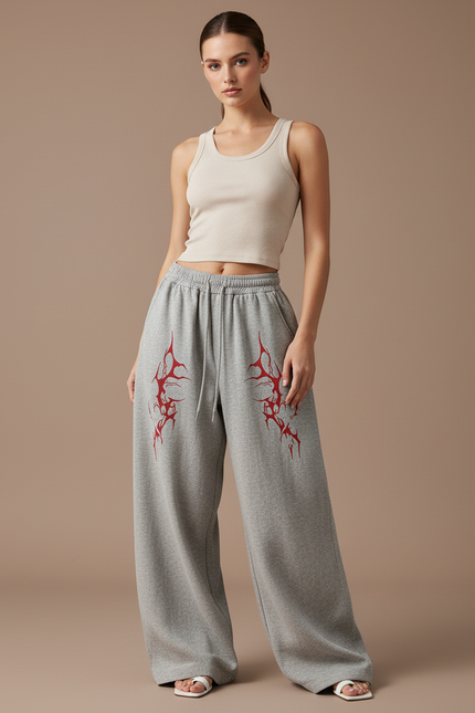 Pantalon Baggy Gris Coton Ample Imprimé Streetwear Femme - Molleton