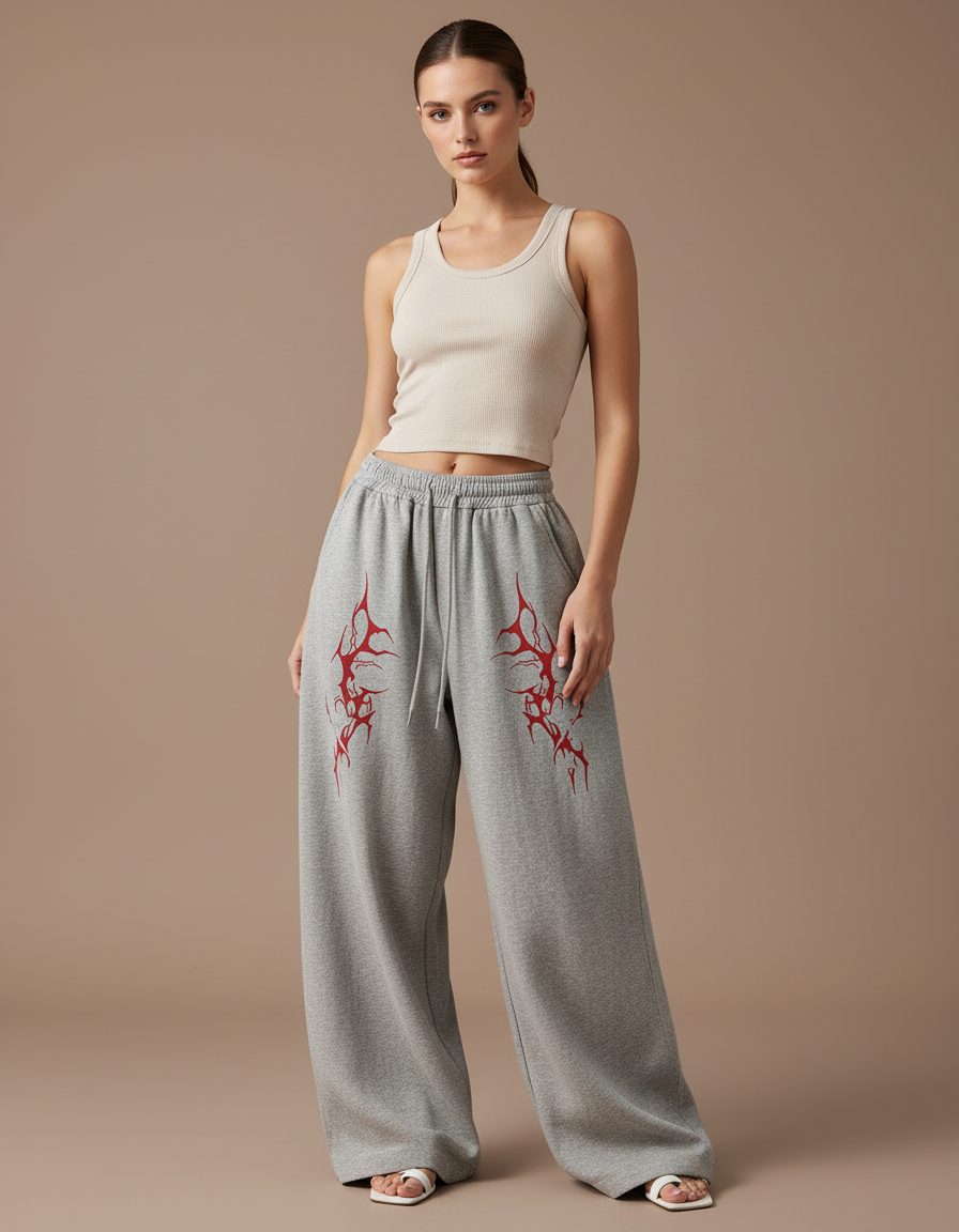 Pantalon Baggy Gris Coton Ample Imprimé Streetwear Femme - Molleton