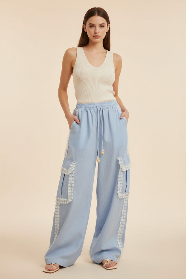 Pantalon Baggy Bleu Clair Cargo Dentelle Ample Fluide - Jean
