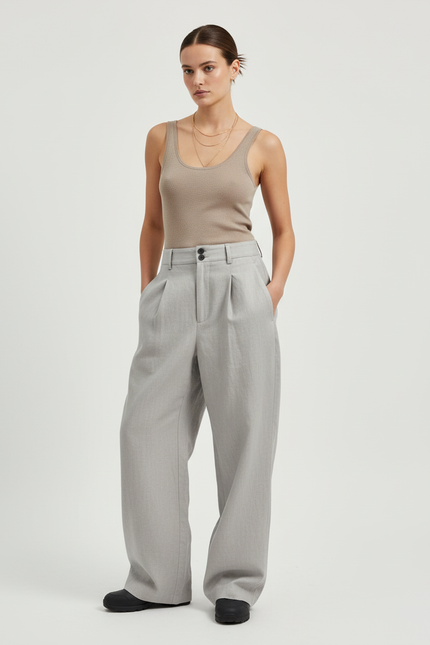 Pantalon Baggy Gris Clair Plissé Large Élégant - Gabardine