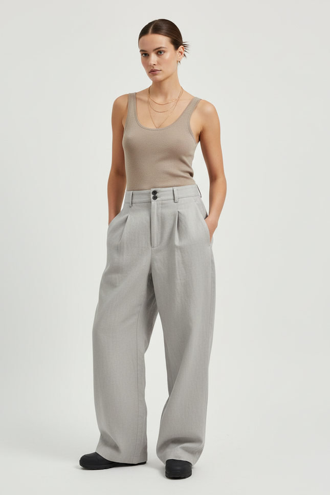 Pantalon Baggy Gris Clair Plissé Large Élégant - Gabardine