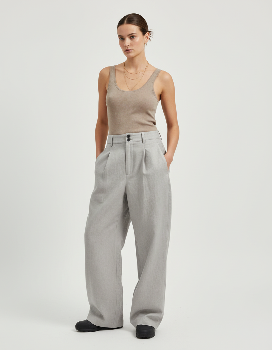 Pantalon Baggy Gris Clair Plissé Large Élégant - Gabardine