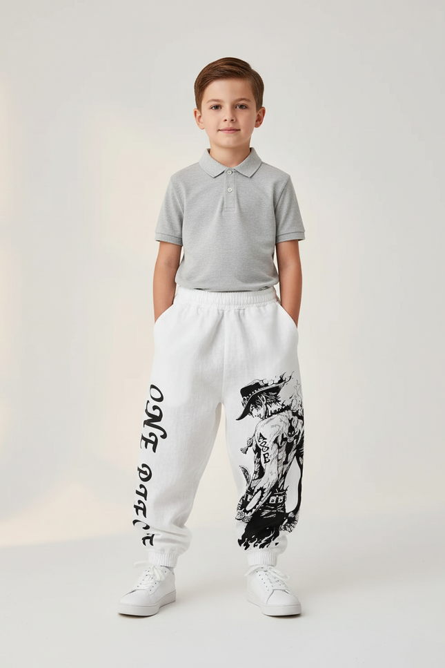 Pantalon Baggy Blanc Coton Imprimé Anime Garçon - Molleton
