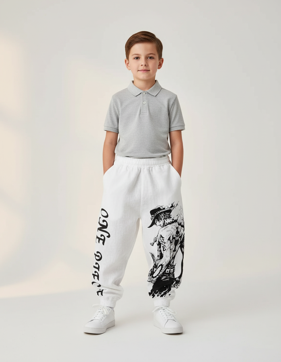 Pantalon Baggy Blanc Coton Imprimé Anime Garçon - Molleton
