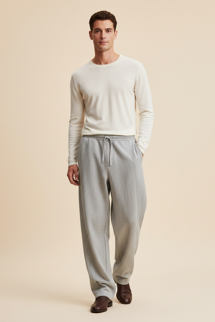 Pantalon Baggy Gris Clair Tricoté Ample Cordon Décontracté - Molleton